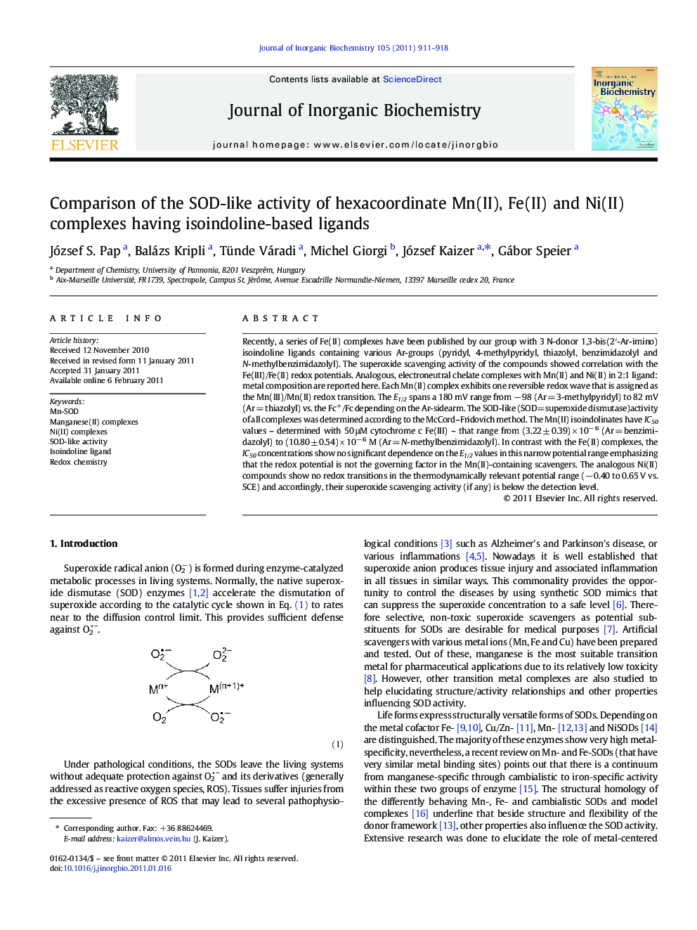 Comparison of the SOD-like activity of hexacoordinate Mn(II), Fe(II) and Ni(II) complexes having isoindoline-based ligands