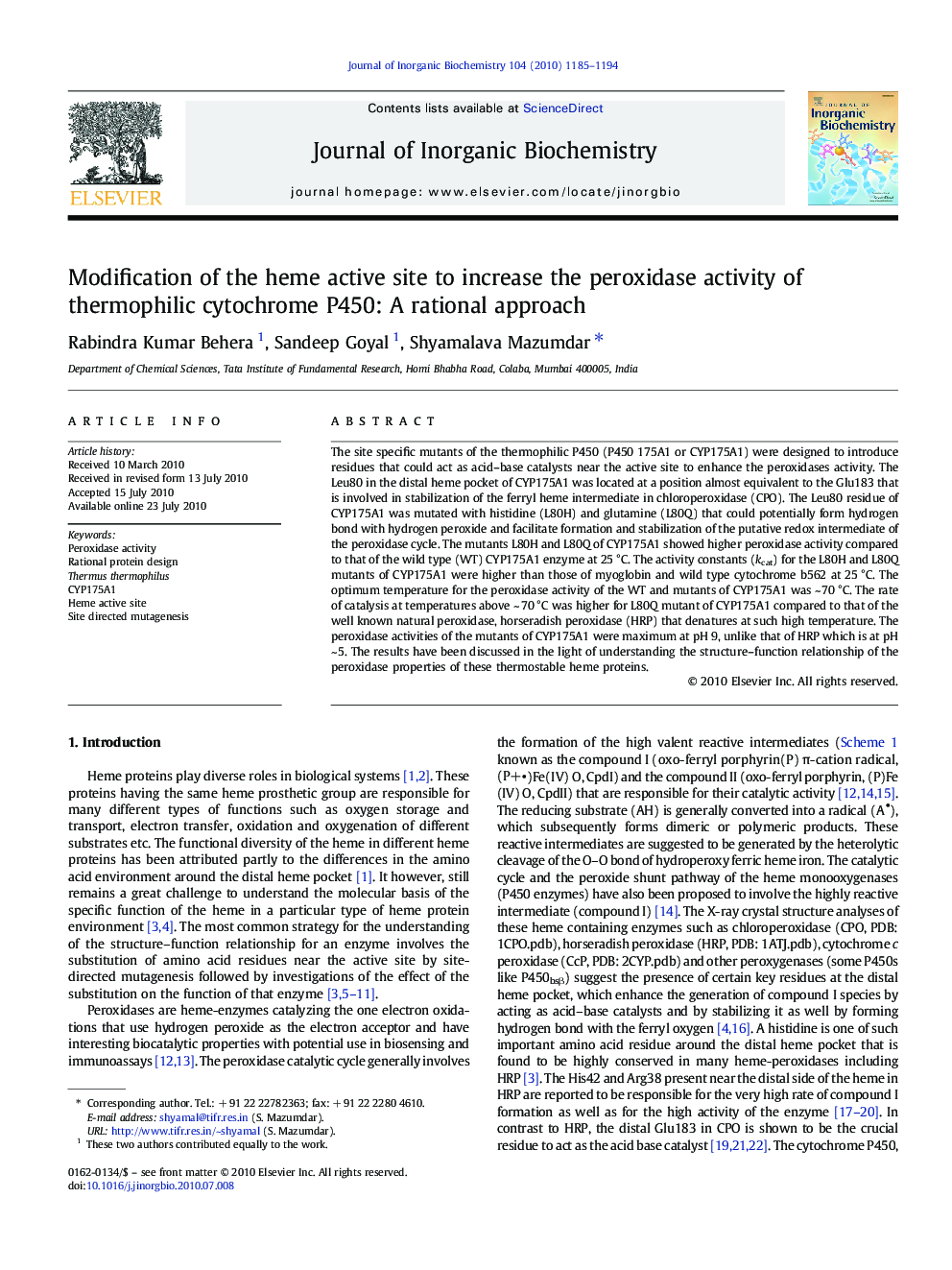 Modification of the heme active site to increase the peroxidase activity of thermophilic cytochrome P450: A rational approach