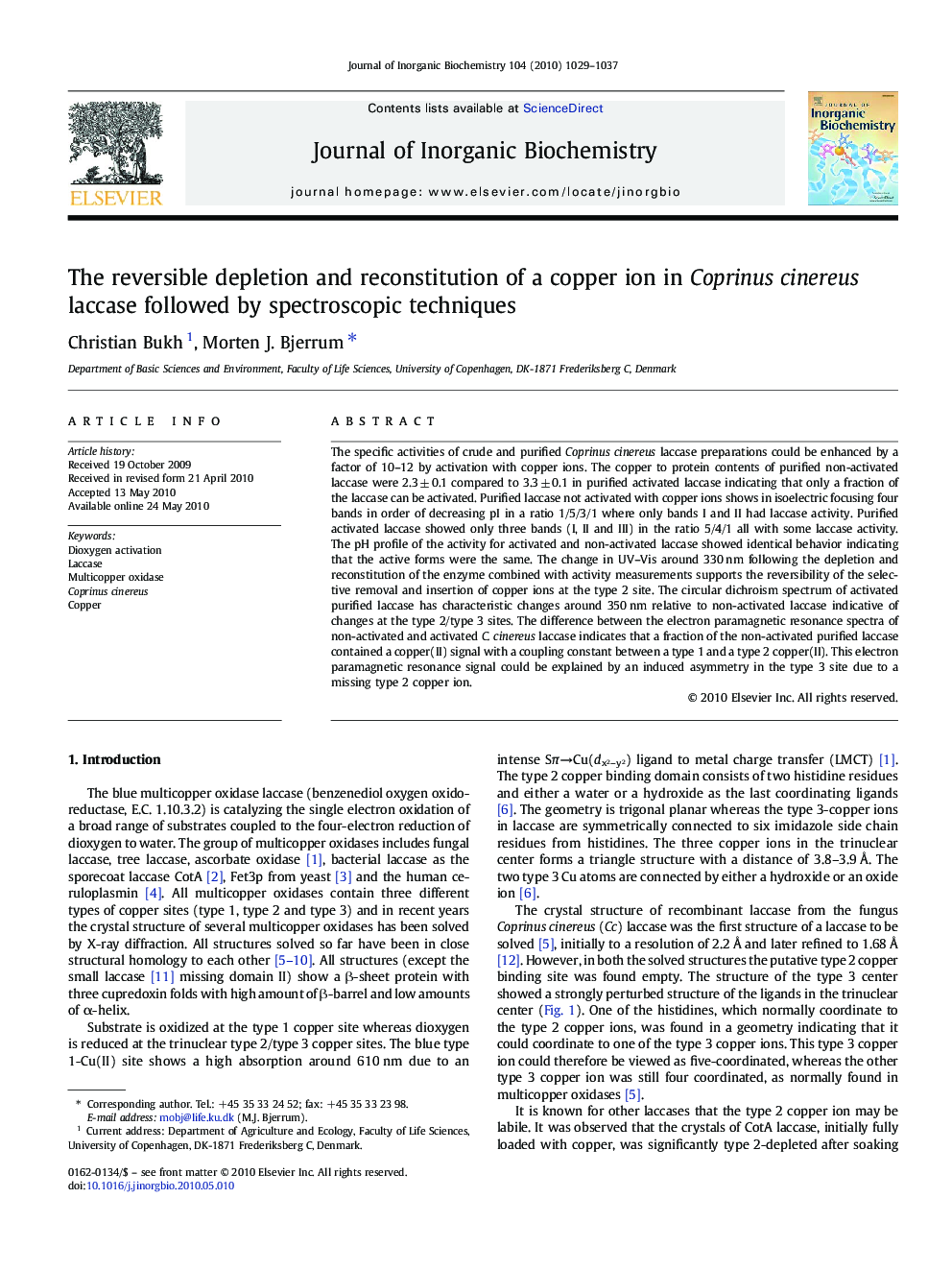 The reversible depletion and reconstitution of a copper ion in Coprinus cinereus laccase followed by spectroscopic techniques