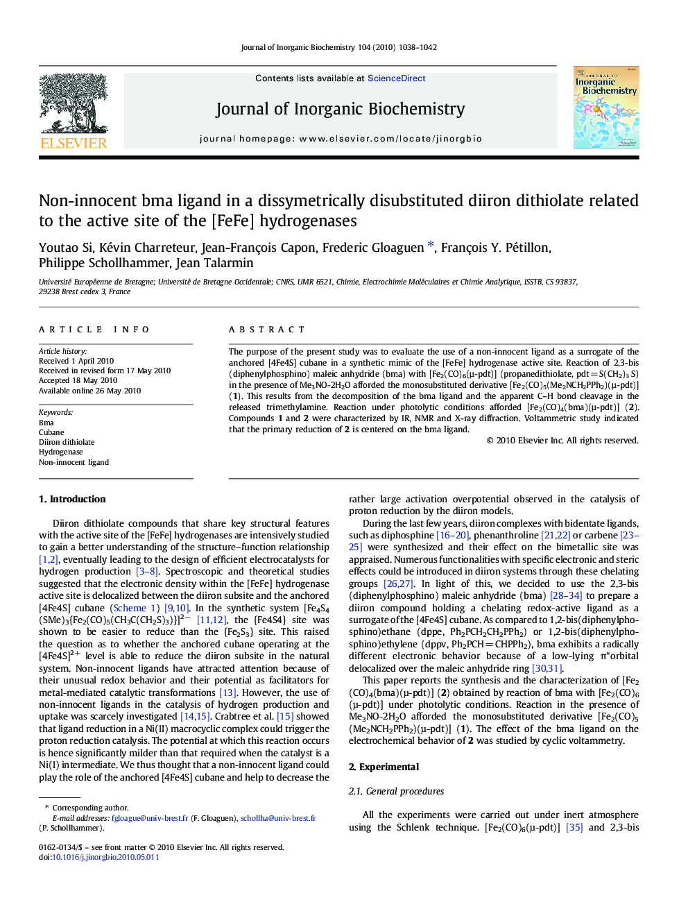 Non-innocent bma ligand in a dissymetrically disubstituted diiron dithiolate related to the active site of the [FeFe] hydrogenases