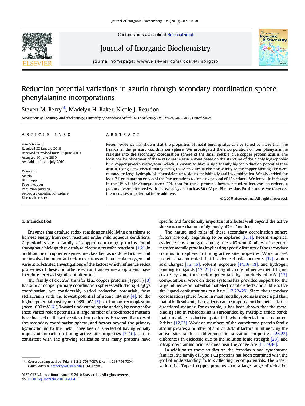 Reduction potential variations in azurin through secondary coordination sphere phenylalanine incorporations