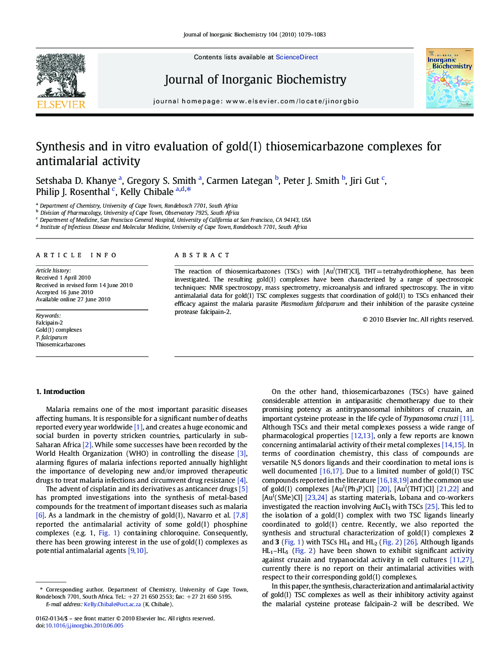 Synthesis and in vitro evaluation of gold(I) thiosemicarbazone complexes for antimalarial activity