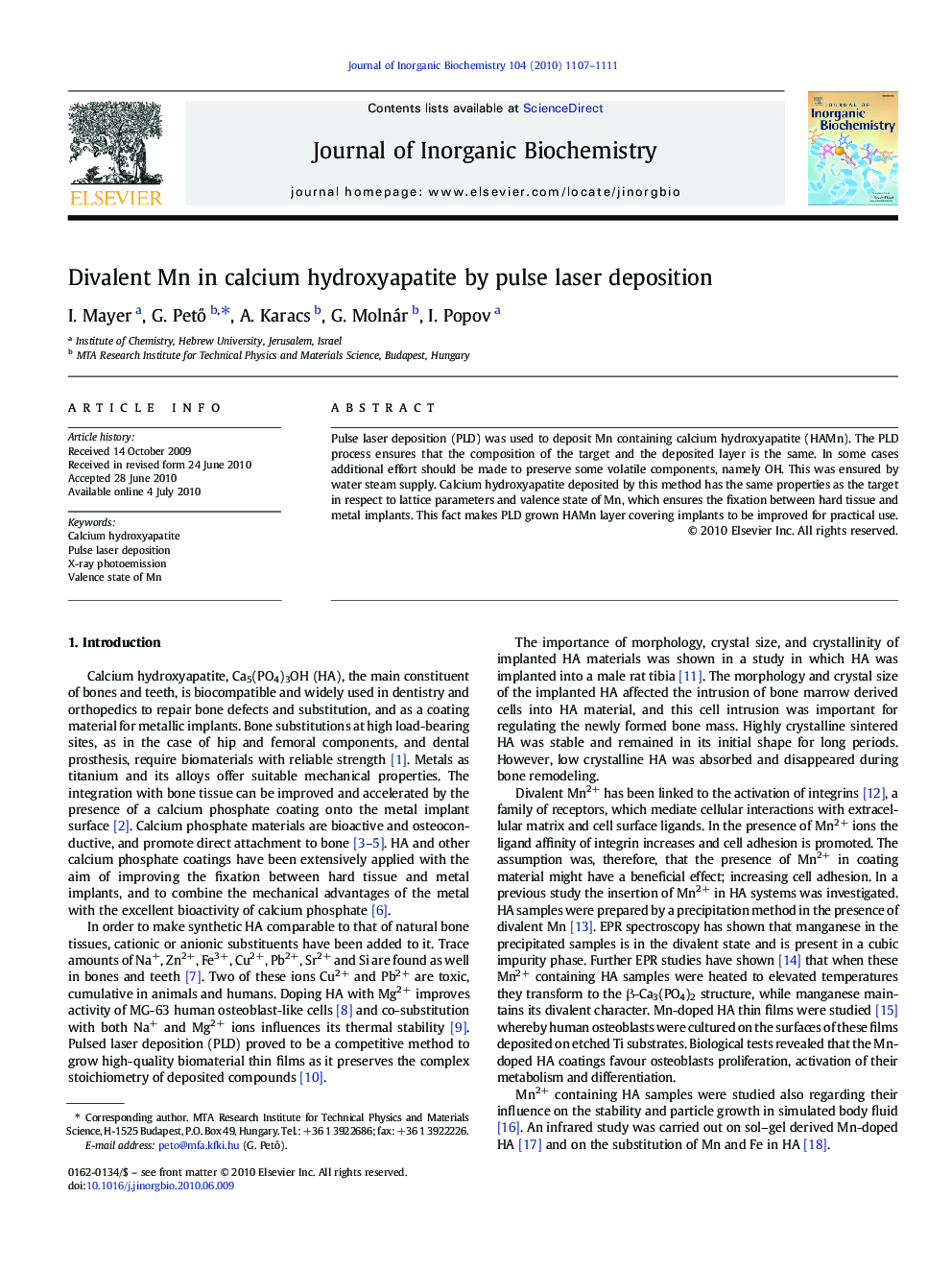 Divalent Mn in calcium hydroxyapatite by pulse laser deposition