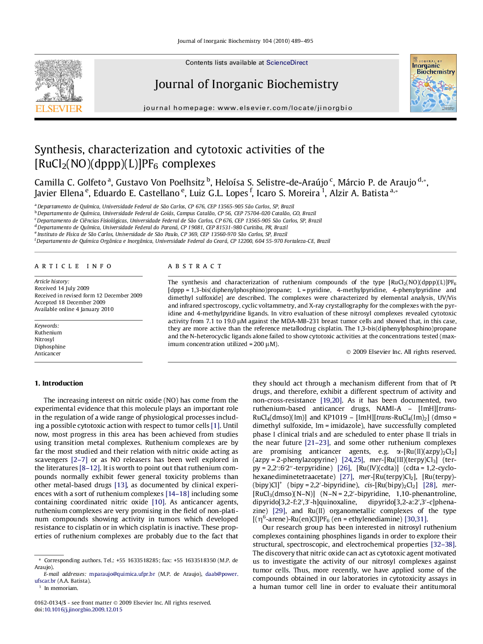 Synthesis, characterization and cytotoxic activities of the [RuCl2(NO)(dppp)(L)]PF6 complexes