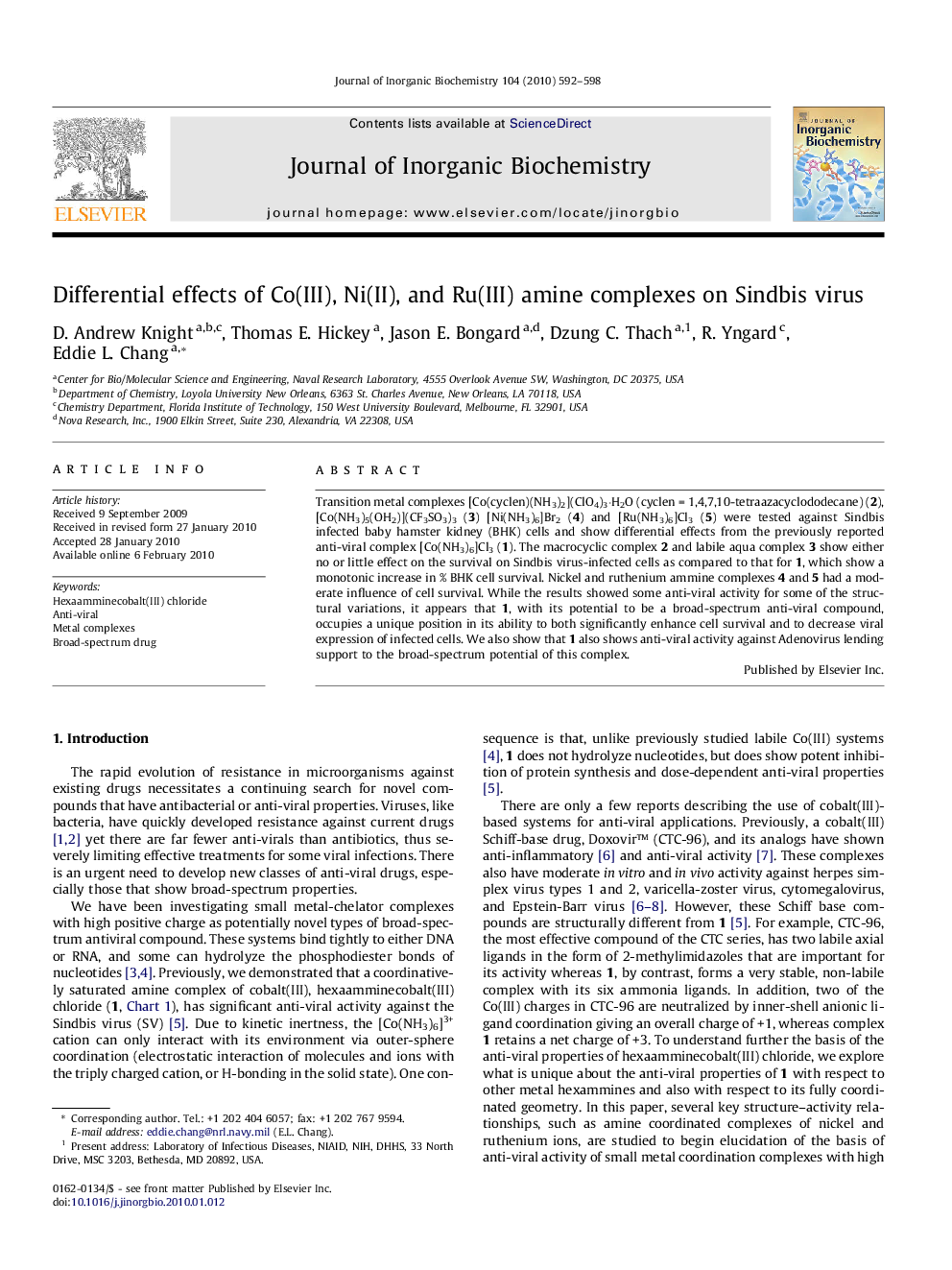 Differential effects of Co(III), Ni(II), and Ru(III) amine complexes on Sindbis virus