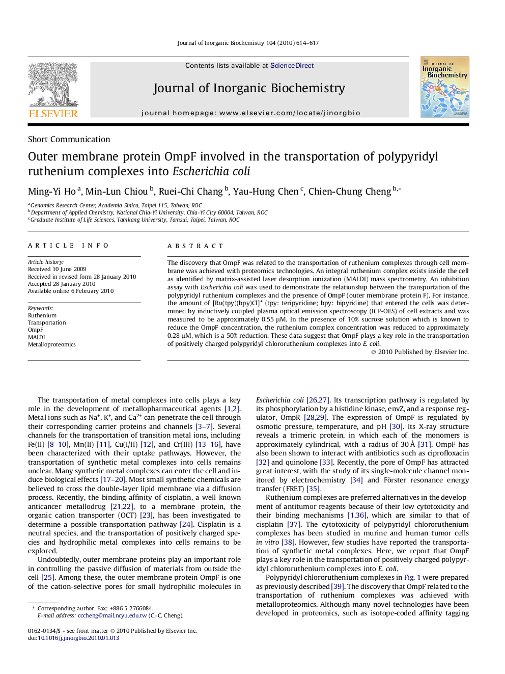 Outer membrane protein OmpF involved in the transportation of polypyridyl ruthenium complexes into Escherichia coli