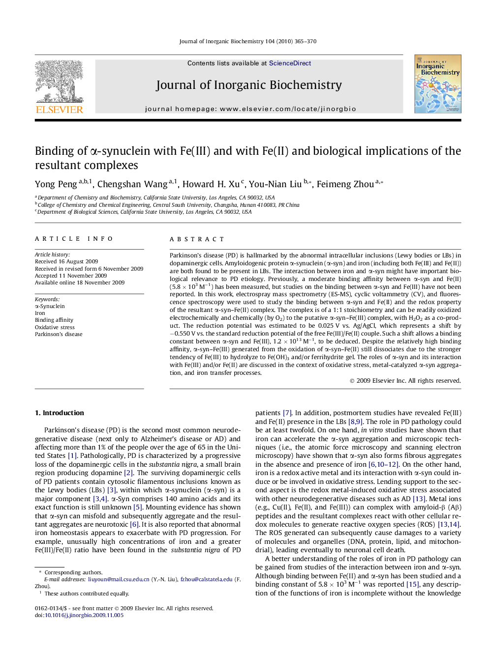 Binding of α-synuclein with Fe(III) and with Fe(II) and biological implications of the resultant complexes