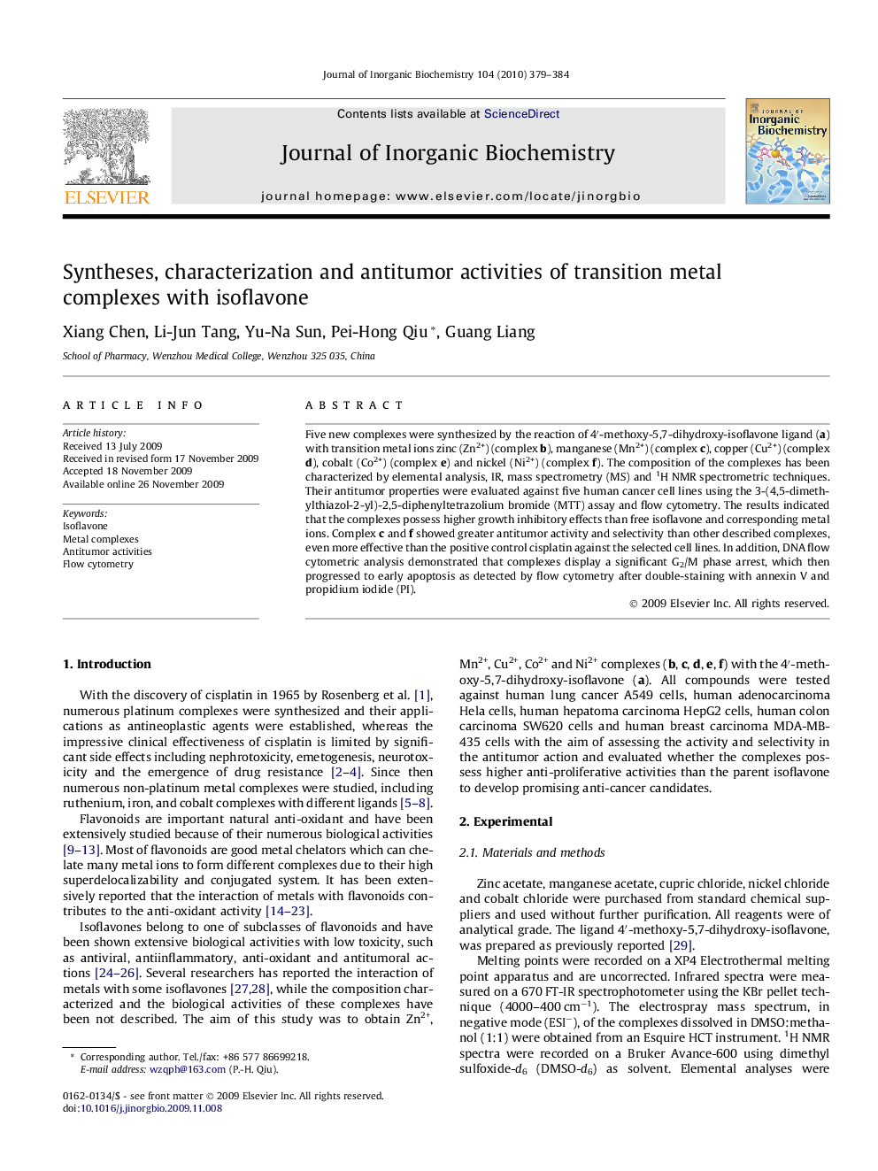 Syntheses, characterization and antitumor activities of transition metal complexes with isoflavone