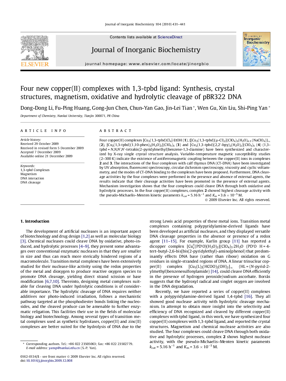 Four new copper(II) complexes with 1,3-tpbd ligand: Synthesis, crystal structures, magnetism, oxidative and hydrolytic cleavage of pBR322 DNA