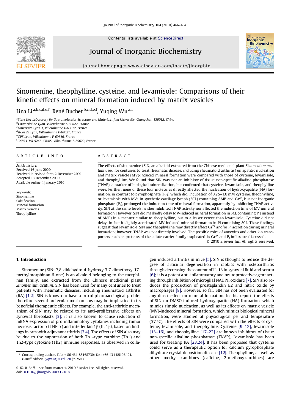 Sinomenine, theophylline, cysteine, and levamisole: Comparisons of their kinetic effects on mineral formation induced by matrix vesicles