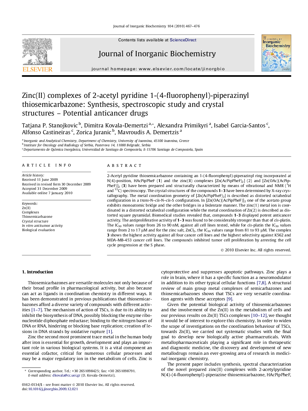 Zinc(II) complexes of 2-acetyl pyridine 1-(4-fluorophenyl)-piperazinyl thiosemicarbazone: Synthesis, spectroscopic study and crystal structures – Potential anticancer drugs