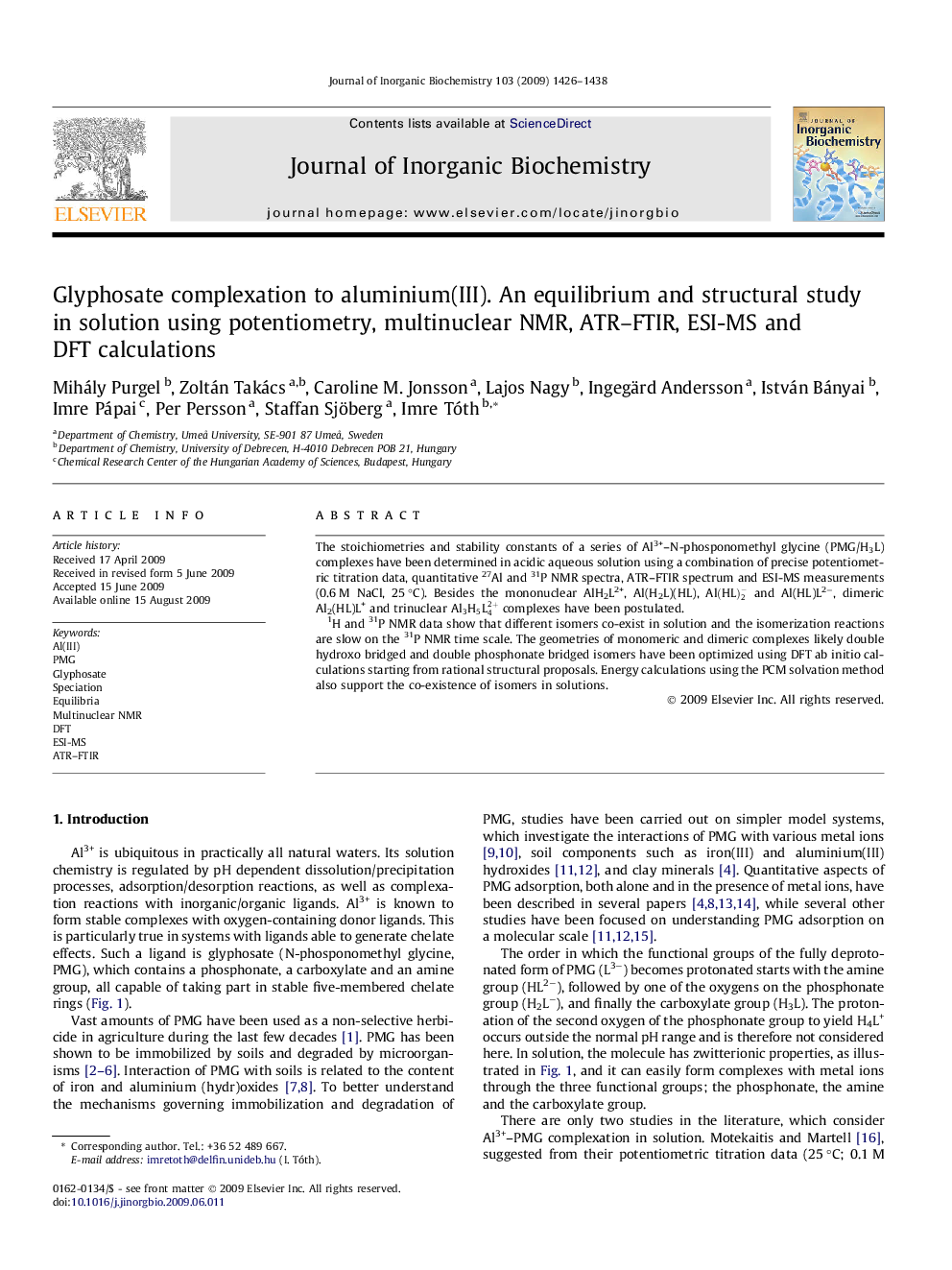 Glyphosate complexation to aluminium(III). An equilibrium and structural study in solution using potentiometry, multinuclear NMR, ATR–FTIR, ESI-MS and DFT calculations