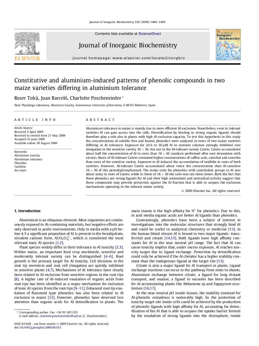 Constitutive and aluminium-induced patterns of phenolic compounds in two maize varieties differing in aluminium tolerance