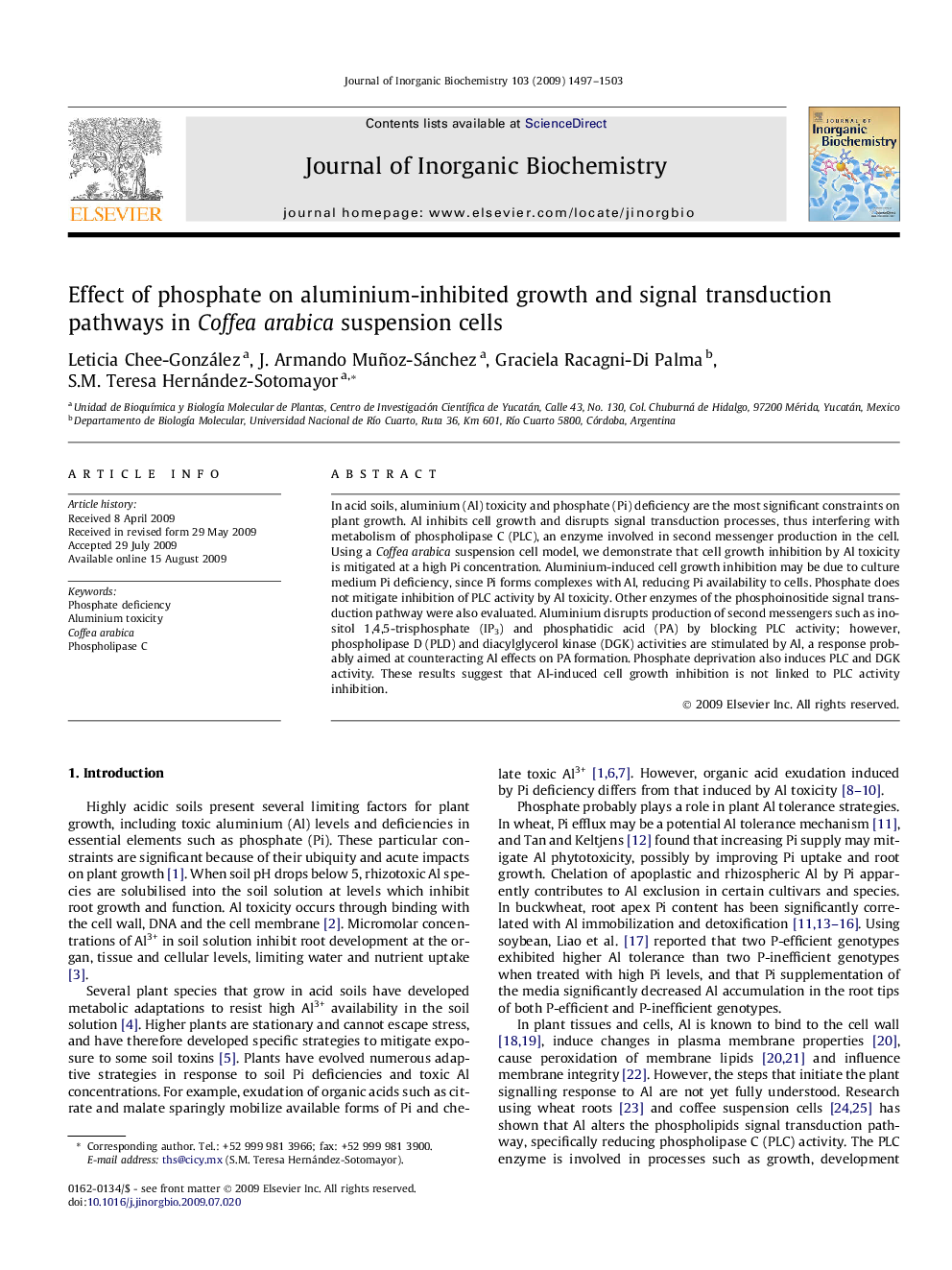 Effect of phosphate on aluminium-inhibited growth and signal transduction pathways in Coffea arabica suspension cells