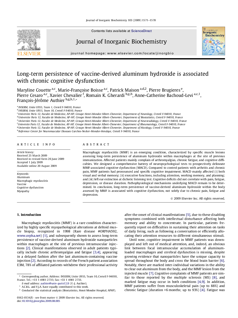 Long-term persistence of vaccine-derived aluminum hydroxide is associated with chronic cognitive dysfunction