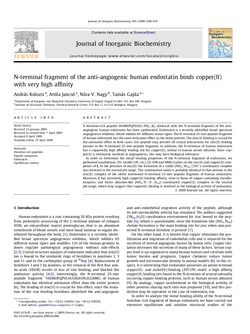 N-terminal fragment of the anti-angiogenic human endostatin binds copper(II) with very high affinity