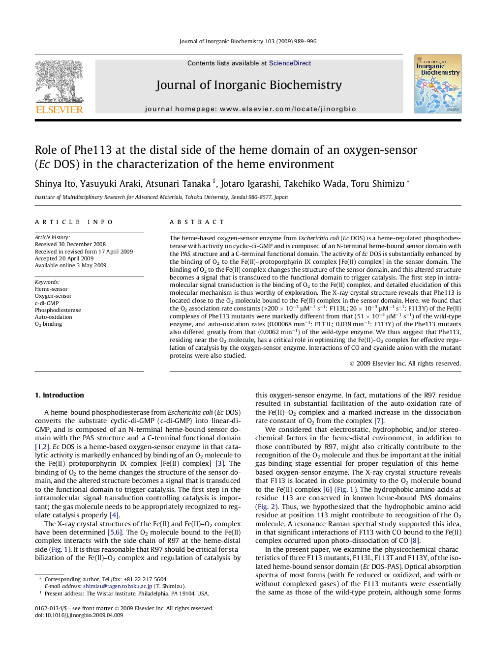 Role of Phe113 at the distal side of the heme domain of an oxygen-sensor (Ec DOS) in the characterization of the heme environment