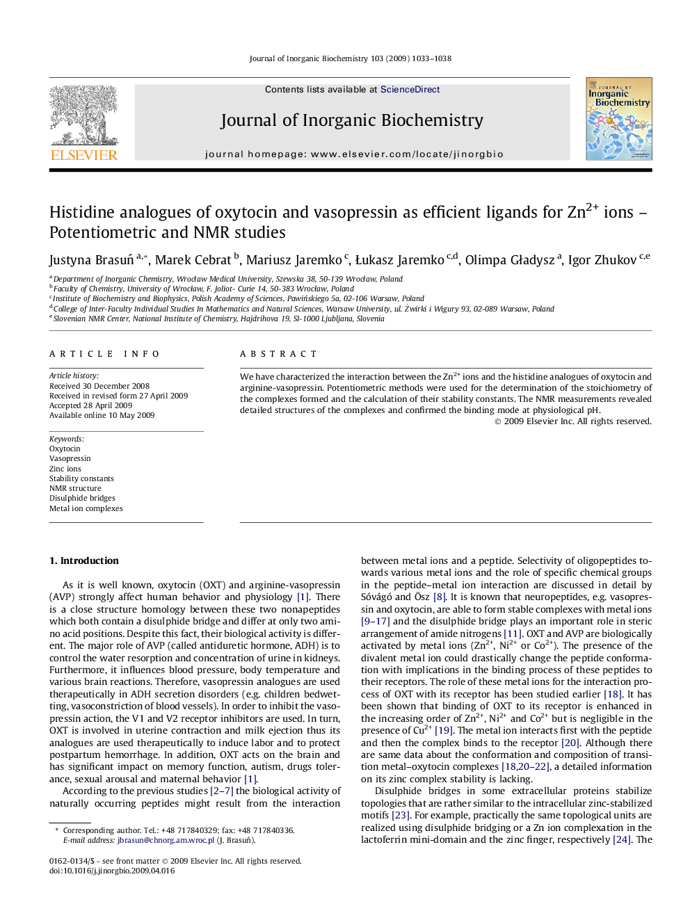 Histidine analogues of oxytocin and vasopressin as efficient ligands for Zn2+ ions - Potentiometric and NMR studies