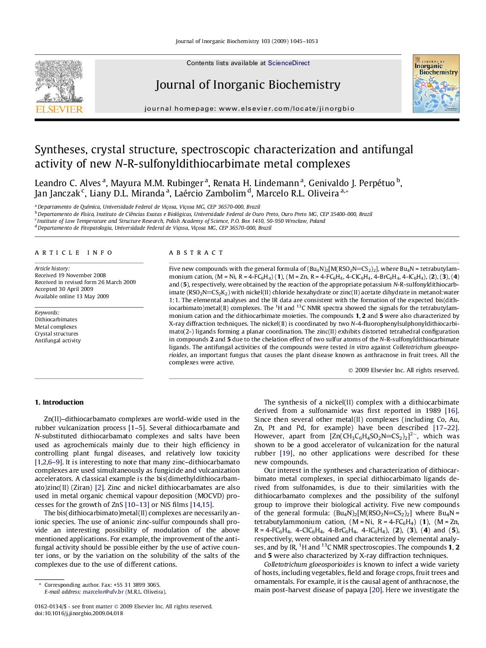 Syntheses, crystal structure, spectroscopic characterization and antifungal activity of new N-R-sulfonyldithiocarbimate metal complexes