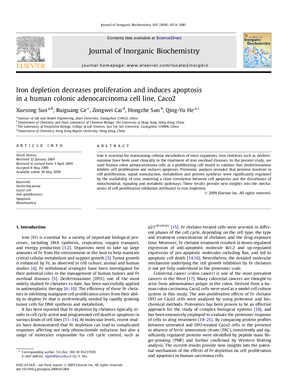 عکس صفحه اول مقاله: Iron depletion decreases proliferation and induces apoptosis in a human colonic adenocarcinoma cell line, Caco2 Iron depletion decreases proliferation and induces apoptosis in a human colonic adenocarcinoma cell line, Caco2