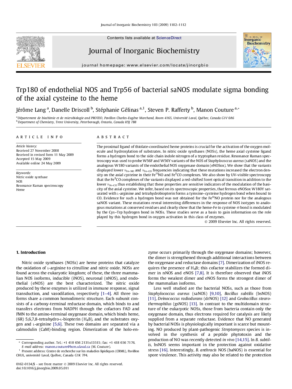 Trp180 of endothelial NOS and Trp56 of bacterial saNOS modulate sigma bonding of the axial cysteine to the heme