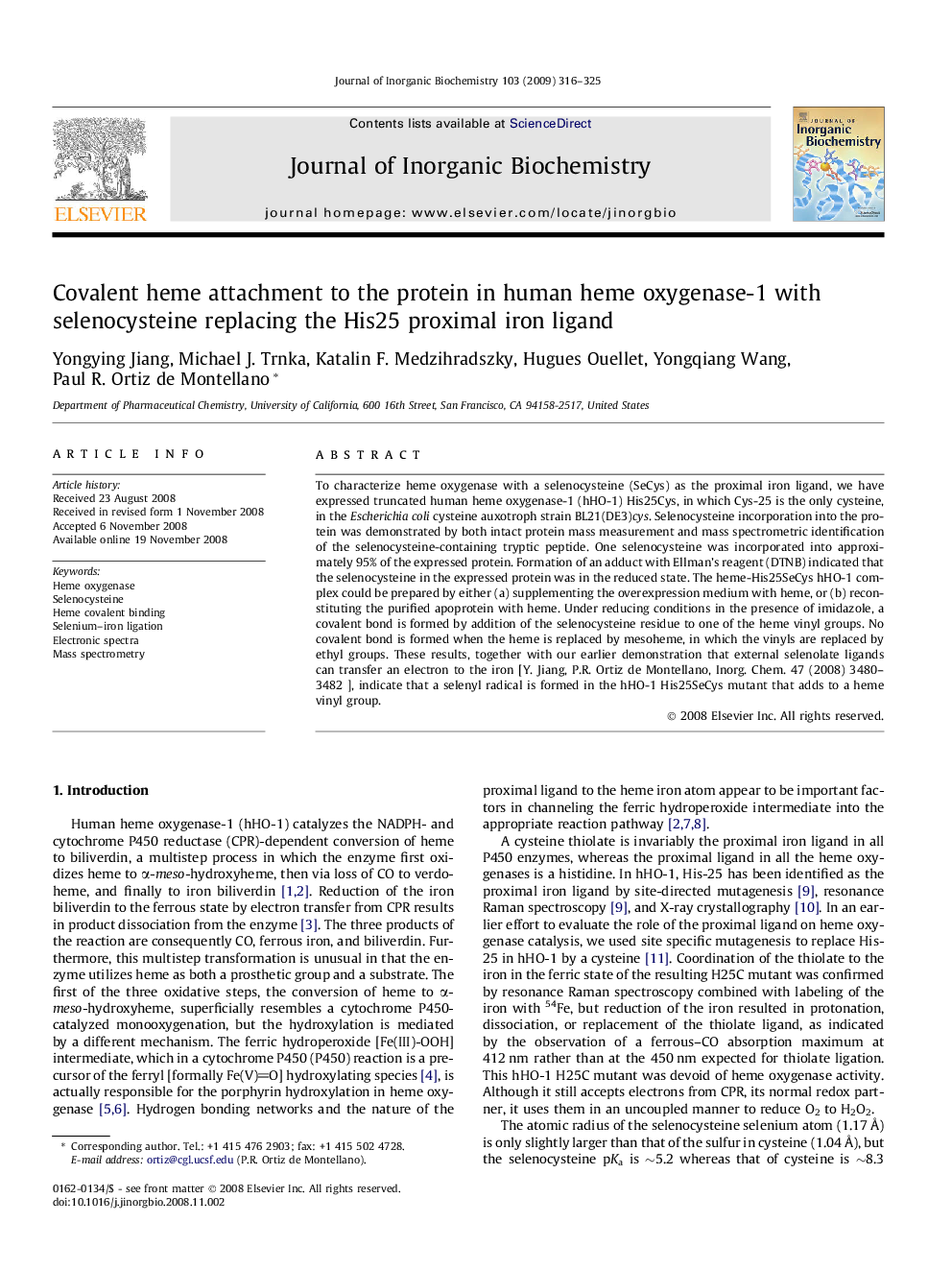 Covalent heme attachment to the protein in human heme oxygenase-1 with selenocysteine replacing the His25 proximal iron ligand