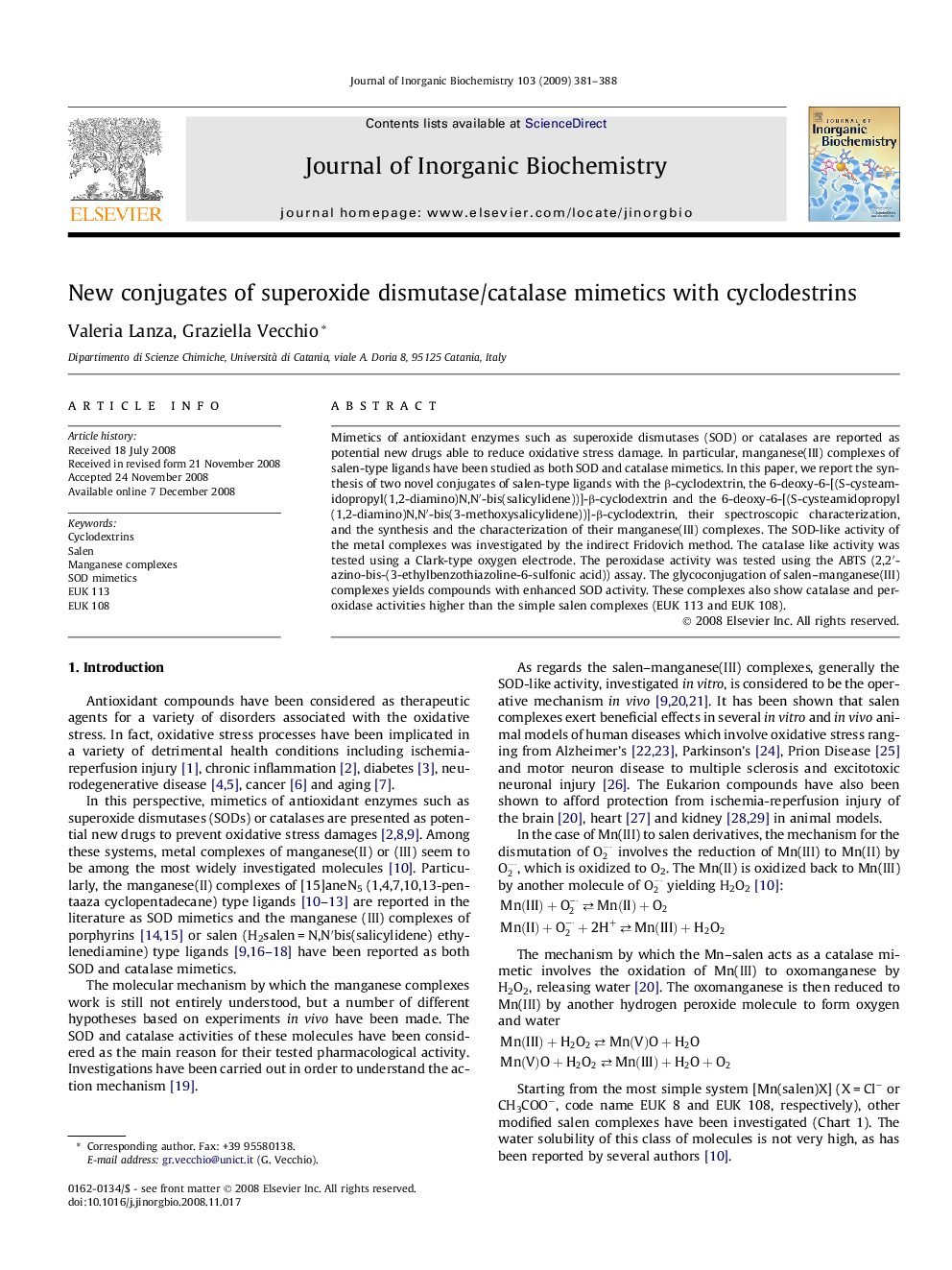 New conjugates of superoxide dismutase/catalase mimetics with cyclodestrins