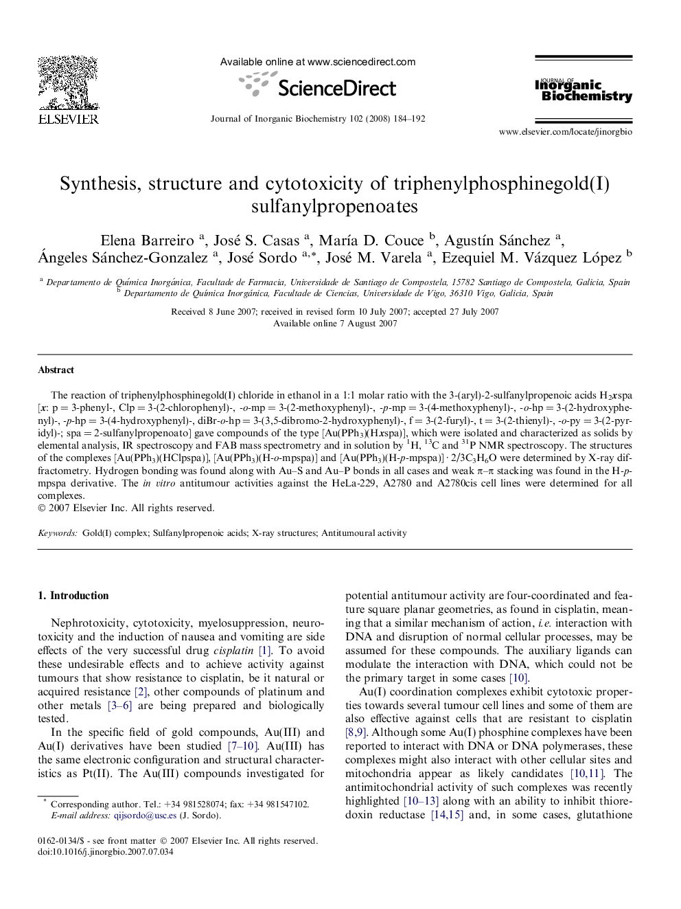 Synthesis, structure and cytotoxicity of triphenylphosphinegold(I) sulfanylpropenoates