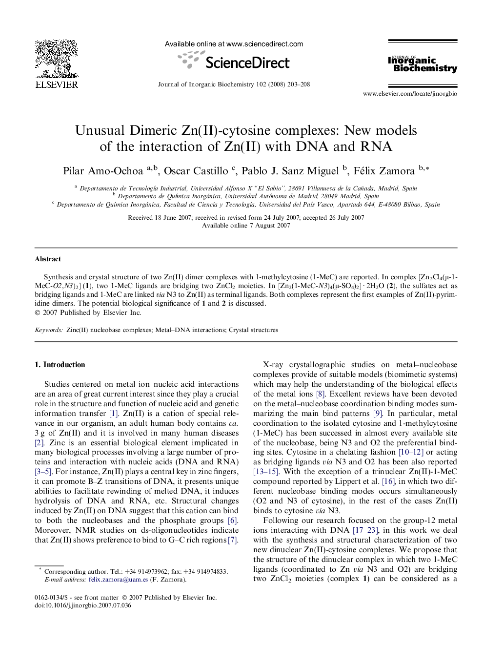 Unusual Dimeric Zn(II)-cytosine complexes: New models of the interaction of Zn(II) with DNA and RNA