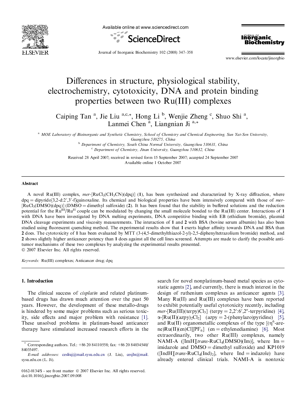 عکس صفحه اول مقاله: Differences in structure, physiological stability, electrochemistry, cytotoxicity, DNA and protein binding properties between two Ru(III) complexes Differences in structure, physiological stability, electrochemistry, cytotoxicity, DNA and protein binding properties between two Ru(III) complexes