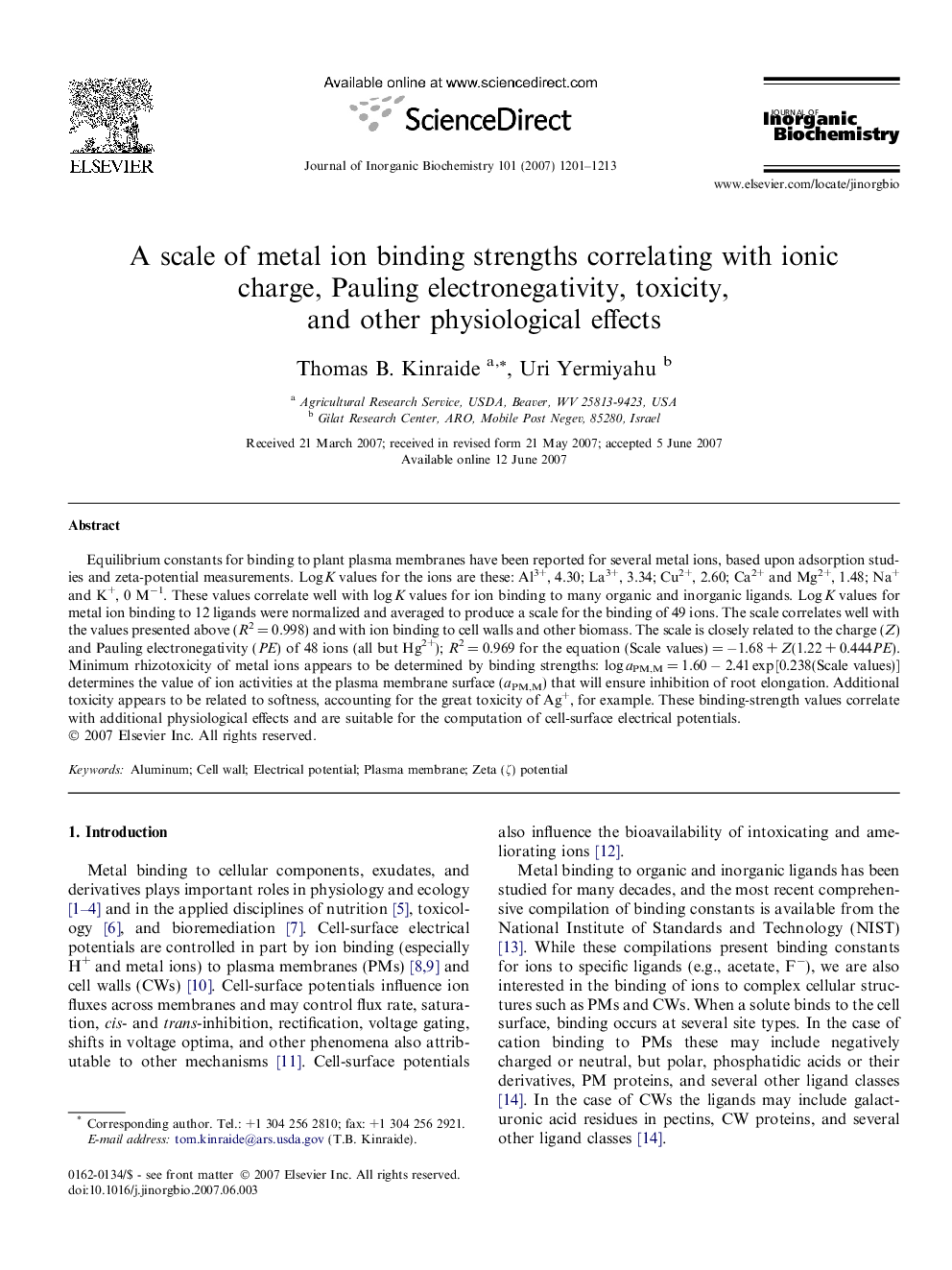 A scale of metal ion binding strengths correlating with ionic charge, Pauling electronegativity, toxicity, and other physiological effects