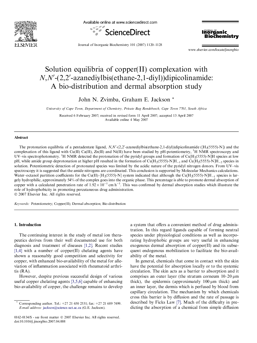 Solution equilibria of copper(II) complexation with N,Nâ²-(2,2â²-azanediylbis(ethane-2,1-diyl))dipicolinamide: A bio-distribution and dermal absorption study