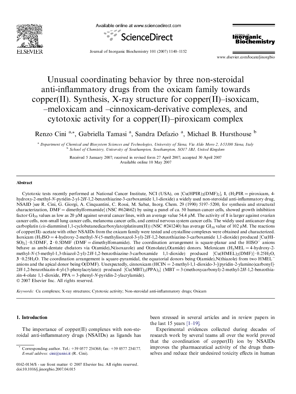 Unusual coordinating behavior by three non-steroidal anti-inflammatory drugs from the oxicam family towards copper(II). Synthesis, X-ray structure for copper(II)–isoxicam, –meloxicam and –cinnoxicam-derivative complexes, and cytotoxic activity for a coppe