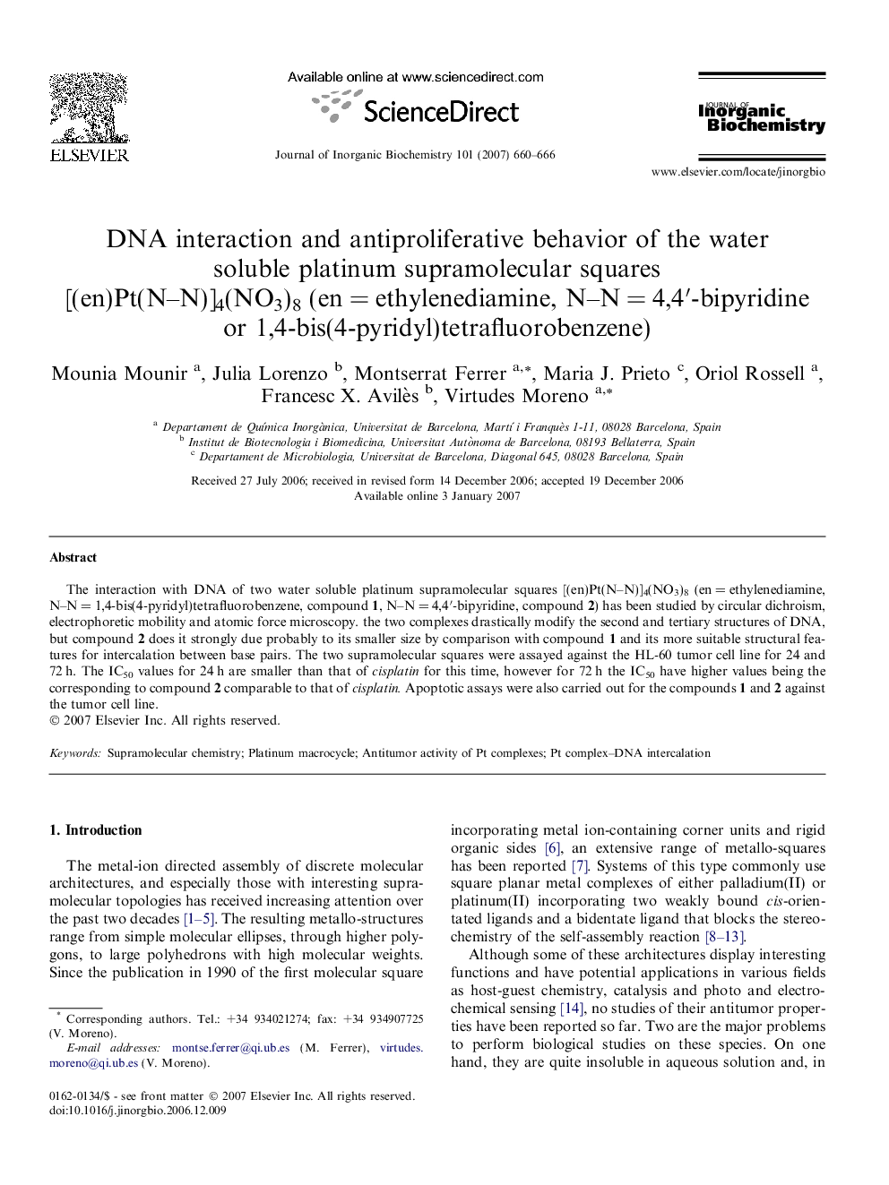 DNA interaction and antiproliferative behavior of the water soluble platinum supramolecular squares [(en)Pt(N–N)]4(NO3)8 (en = ethylenediamine, N–N = 4,4′-bipyridine or 1,4-bis(4-pyridyl)tetrafluorobenzene)