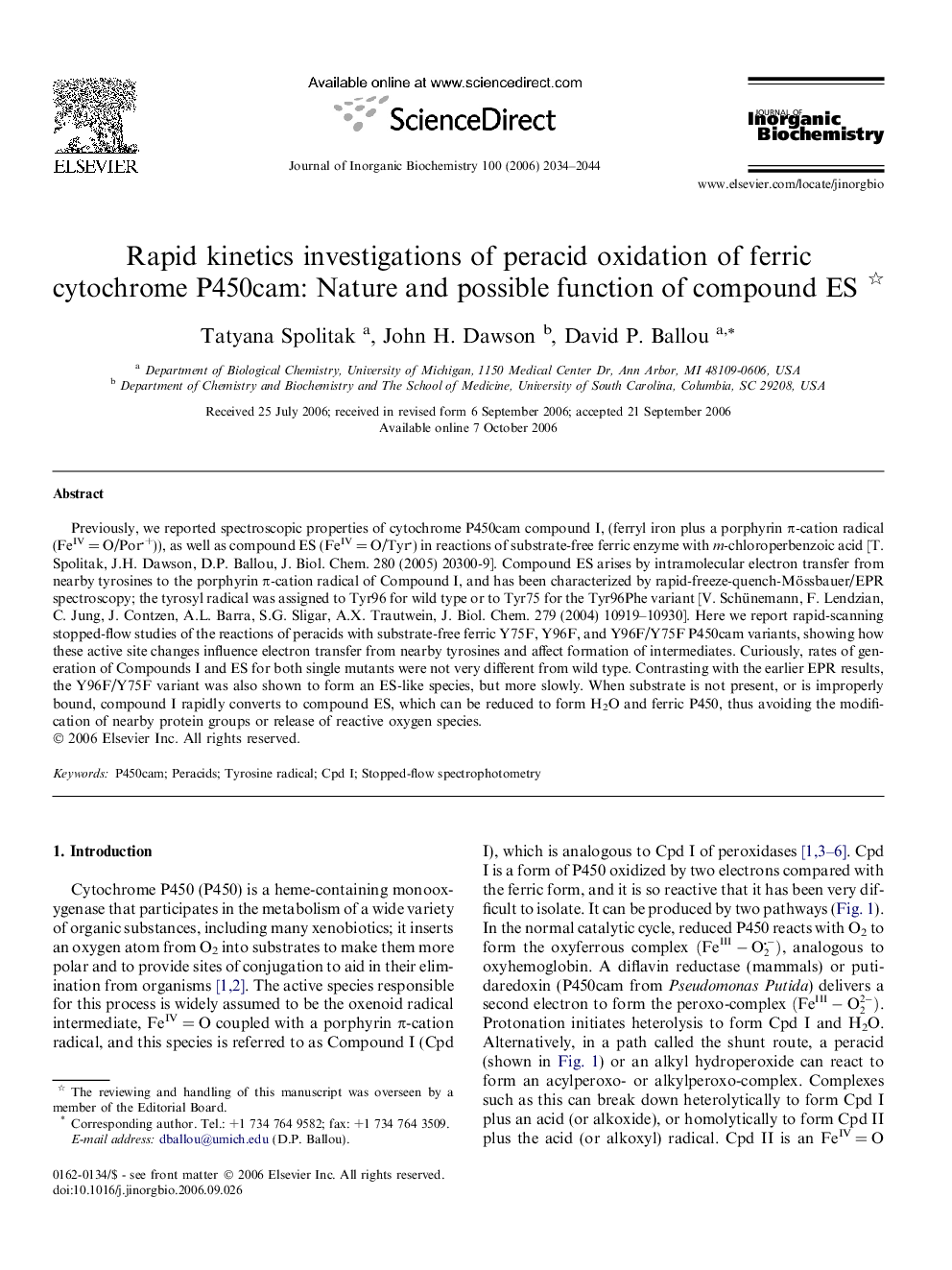 Rapid kinetics investigations of peracid oxidation of ferric cytochrome P450cam: Nature and possible function of compound ES 