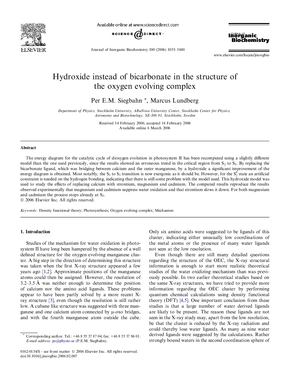 Hydroxide instead of bicarbonate in the structure of the oxygen evolving complex