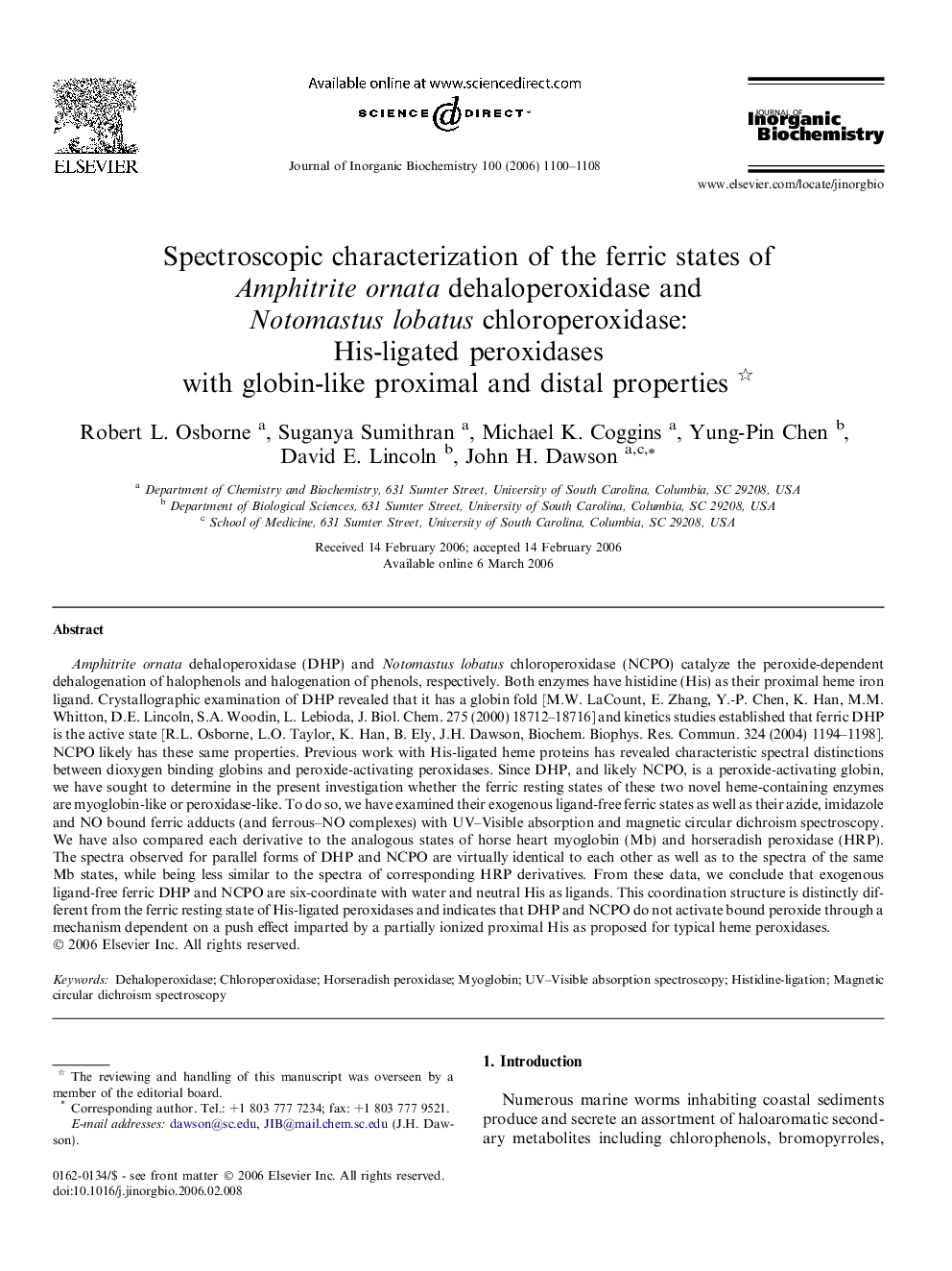 Spectroscopic characterization of the ferric states of Amphitrite ornata dehaloperoxidase and Notomastus lobatus chloroperoxidase: His-ligated peroxidases with globin-like proximal and distal properties 