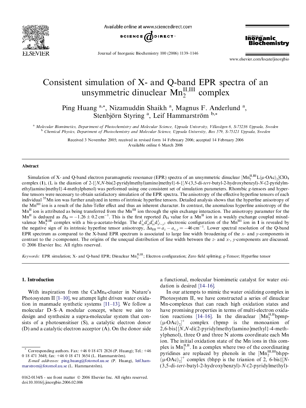 Consistent simulation of X- and Q-band EPR spectra of an unsymmetric dinuclear Mn2II,III complex