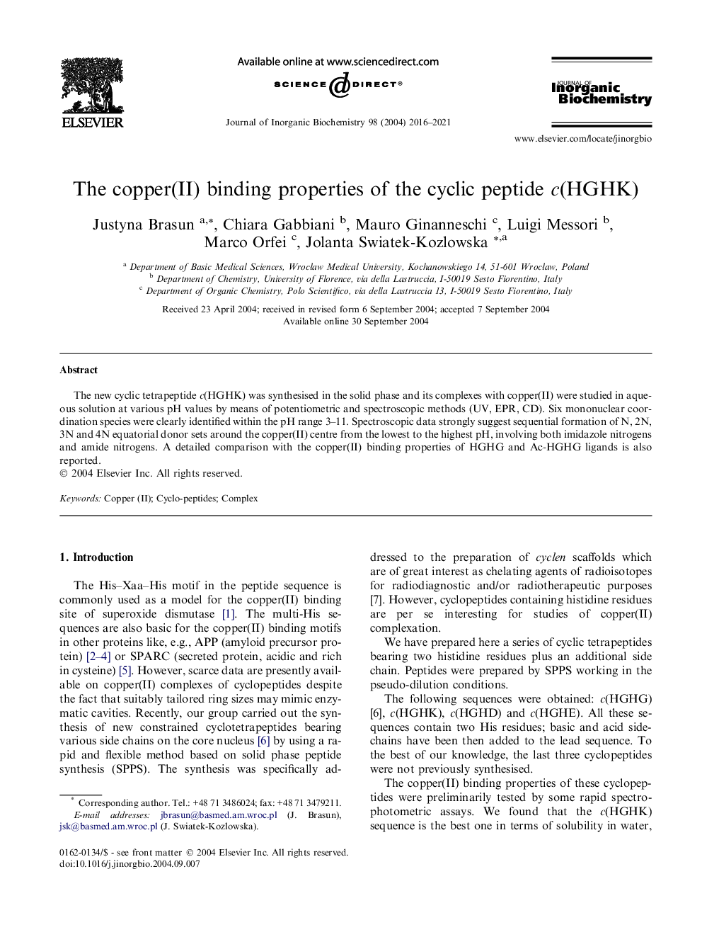 The copper(II) binding properties of the cyclic peptide c(HGHK)