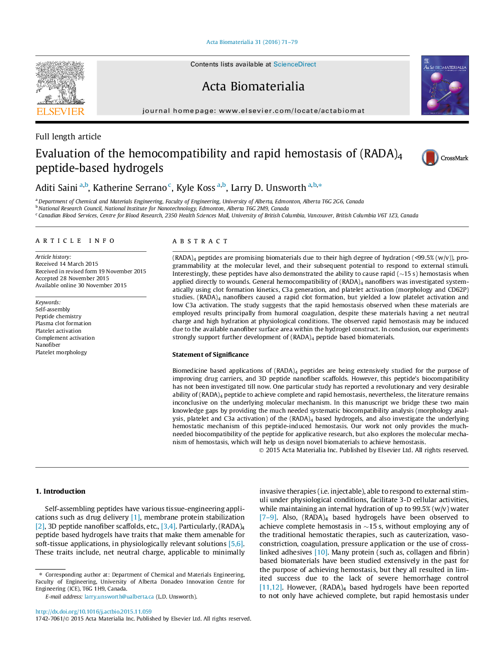 Evaluation of the hemocompatibility and rapid hemostasis of (RADA)4 peptide-based hydrogels