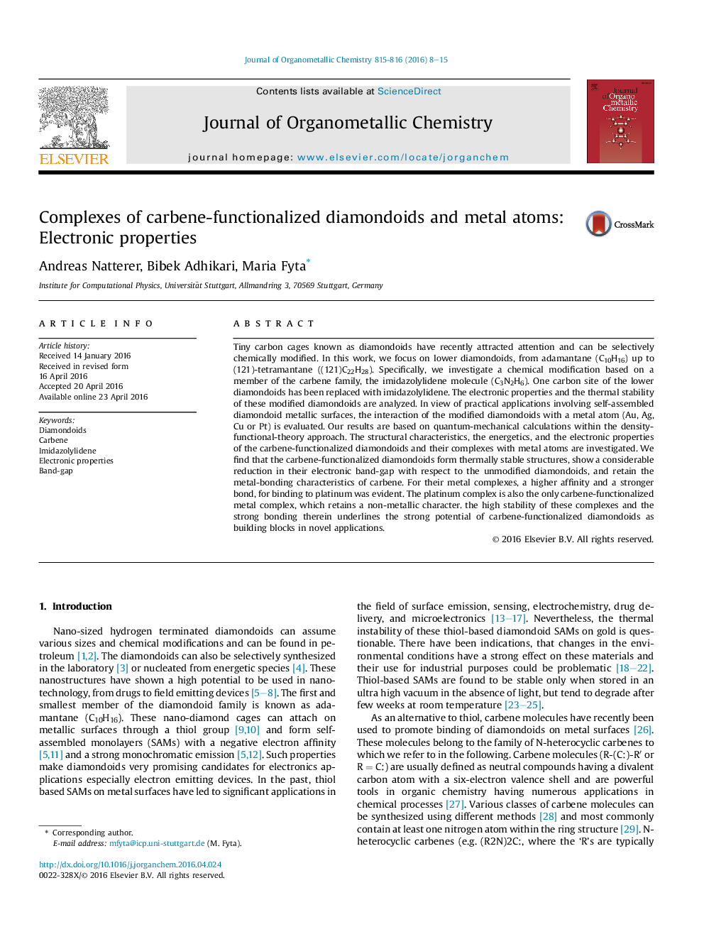 Complexes of carbene-functionalized diamondoids and metal atoms: Electronic properties