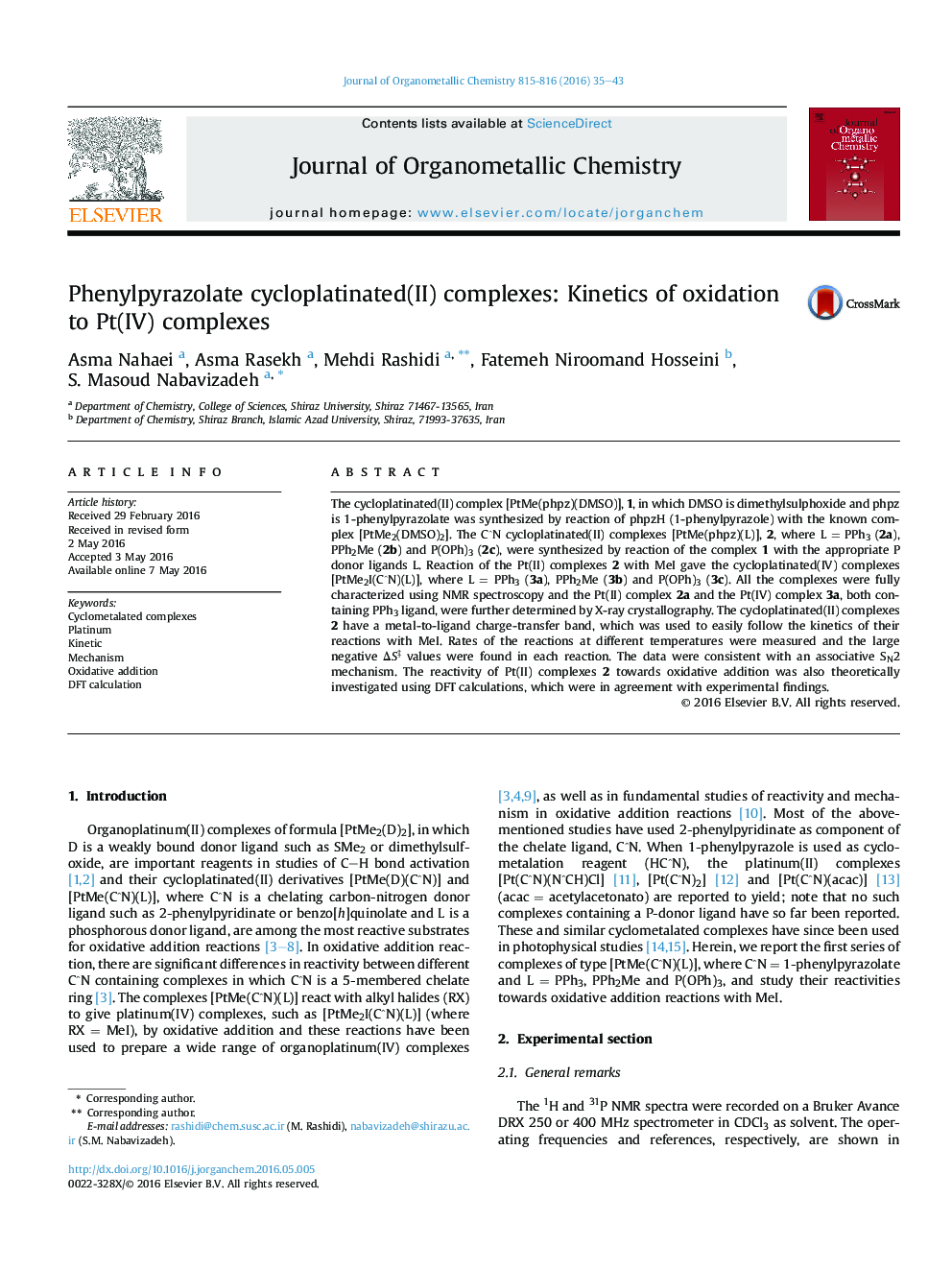 Phenylpyrazolate cycloplatinated(II) complexes: Kinetics of oxidation to Pt(IV) complexes