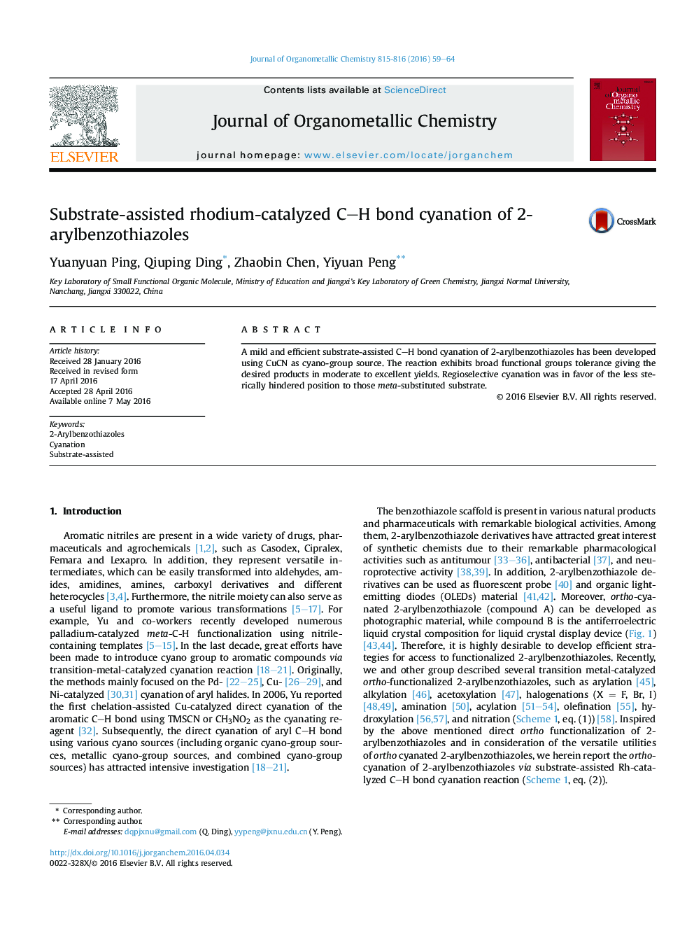 Substrate-assisted rhodium-catalyzed CH bond cyanation of 2-arylbenzothiazoles