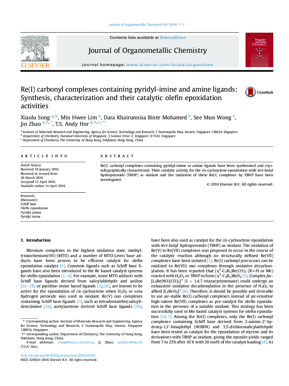 Re(I) carbonyl complexes containing pyridyl-imine and amine ligands: Synthesis, characterization and their catalytic olefin epoxidation activities