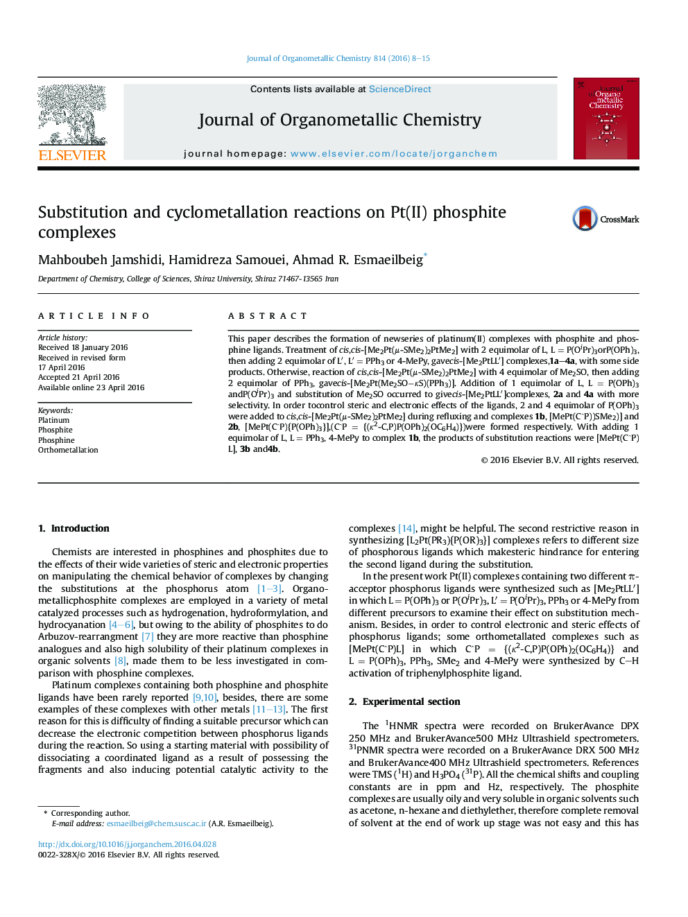 Substitution and cyclometallation reactions on Pt(II) phosphite complexes