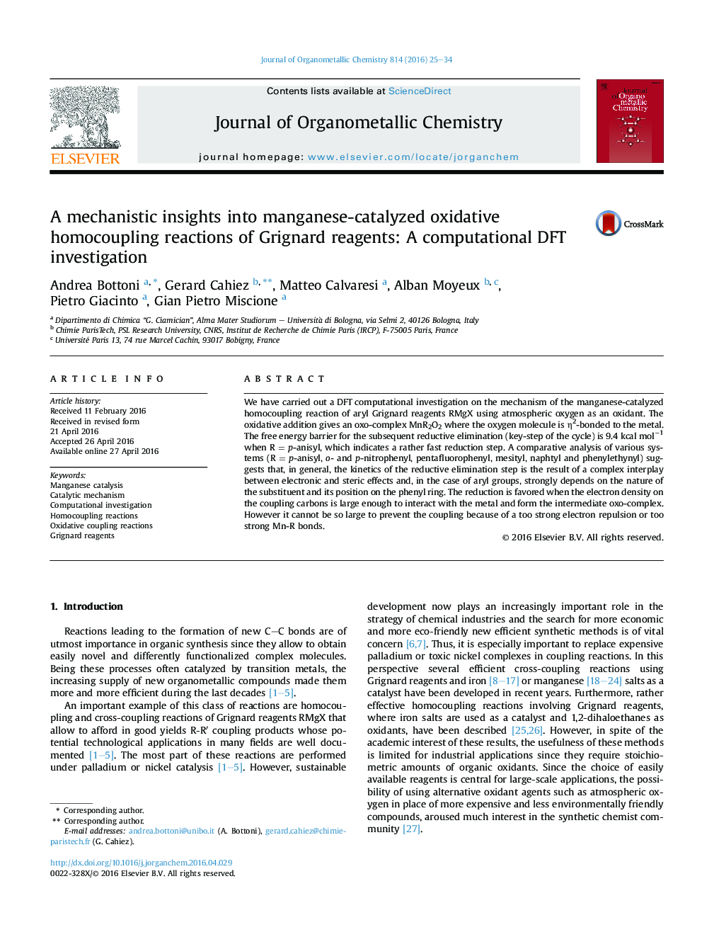 A mechanistic insights into manganese-catalyzed oxidative homocoupling reactions of Grignard reagents: A computational DFT investigation