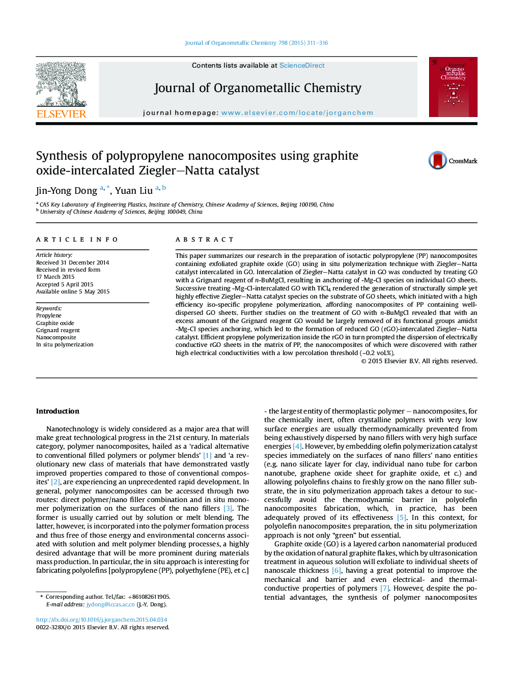 Synthesis of polypropylene nanocomposites using graphite oxide-intercalated Ziegler–Natta catalyst