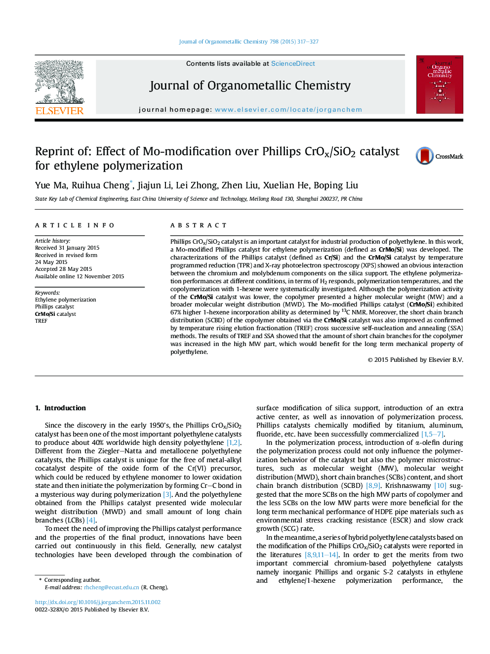 Reprint of: Effect of Mo-modification over Phillips CrOx/SiO2 catalyst for ethylene polymerization