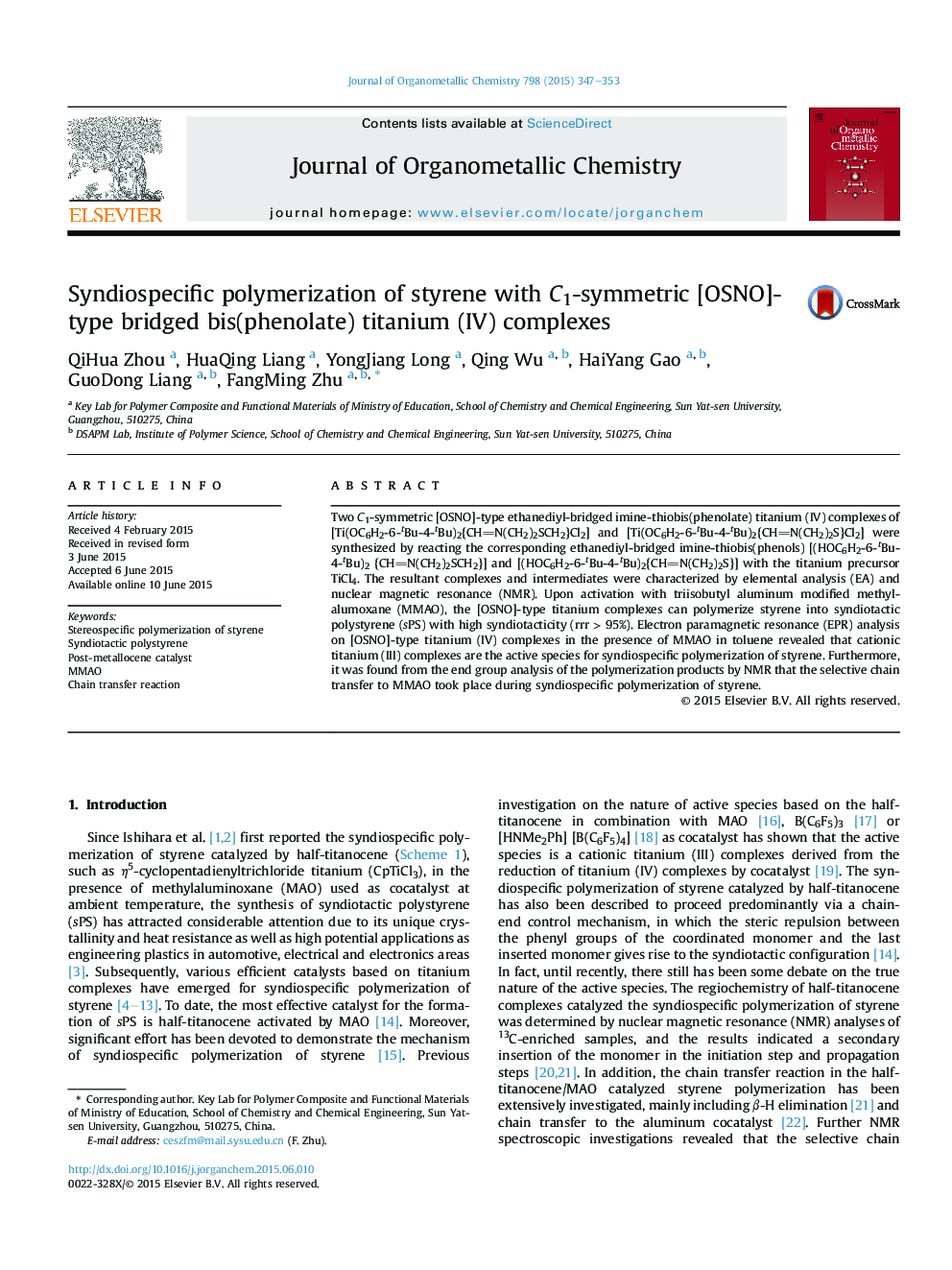 Syndiospecific polymerization of styrene with C1-symmetric [OSNO]-type bridged bis(phenolate) titanium (IV) complexes