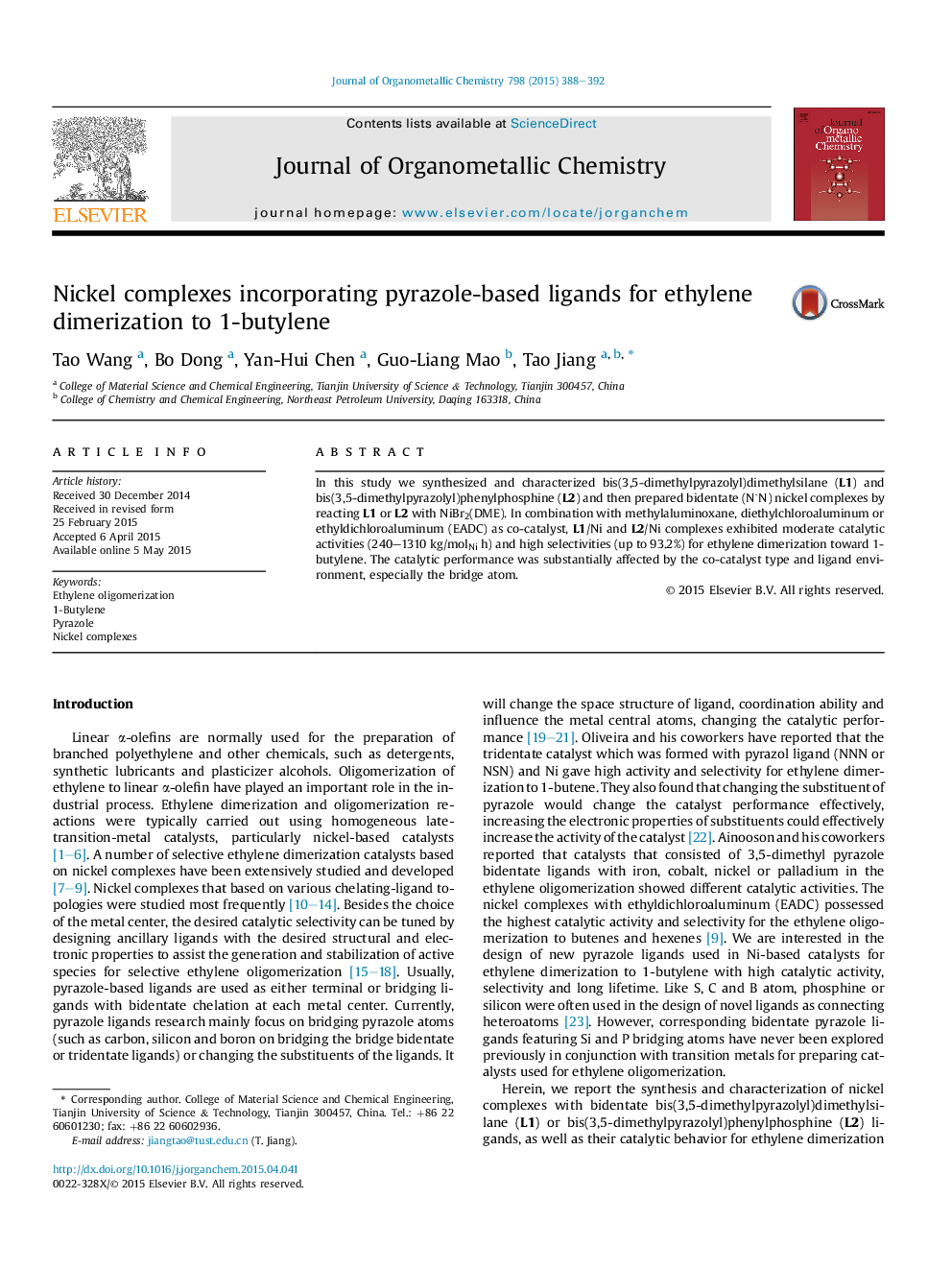 Nickel complexes incorporating pyrazole-based ligands for ethylene dimerization to 1-butylene